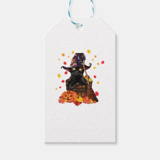 Witch Cat Pumpkin Herfst Lover Funny Cat Gift voor Cadeaulabel (Voorkant)