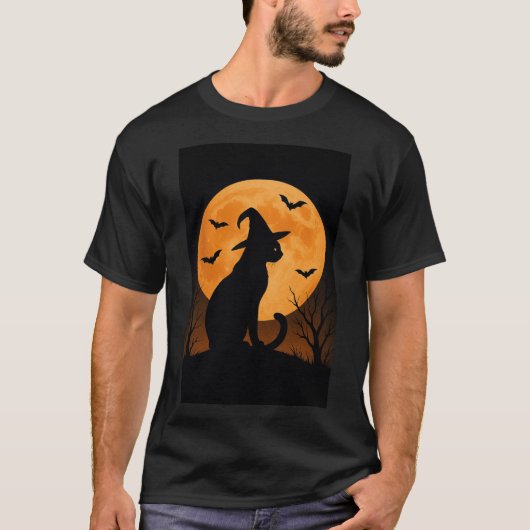 Witch Cat Silhouet met volle maan en vleermuizen T-shirt (Voorkant)