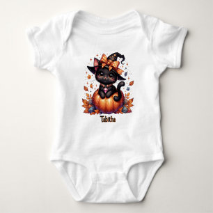 Witch Cat Voeg Baby's Naam Schattige Halloween toe Romper