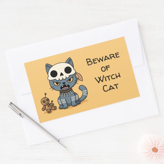 Witch Cat Voodoo Doll Yellow Custom Text Rechthoekige Sticker (Envelop)