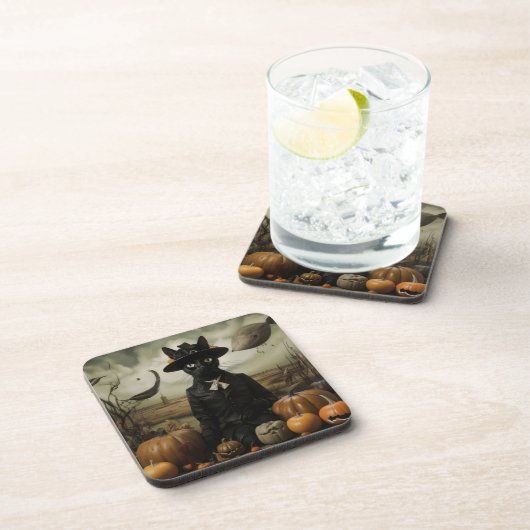 Witch Cat with Pumpkins  Bier Onderzetter (Rechterzijde)