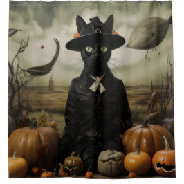 Witch Cat with Pumpkins  Douchegordijn