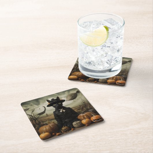 Witch Cat with Pumpkins Kartonnen Onderzetters (Insitu)