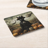 Witch Cat with Pumpkins  Kartonnen Onderzetters (Schuin)