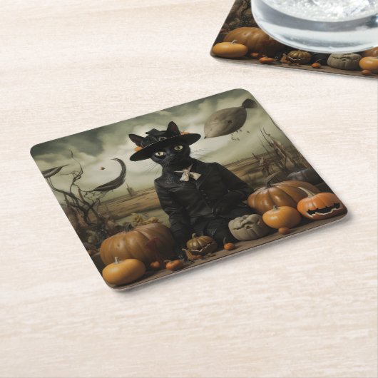 Witch Cat with Pumpkins  Kartonnen Onderzetters (Schuin)