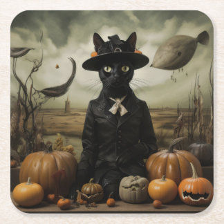 Witch Cat with Pumpkins  Kartonnen Onderzetters