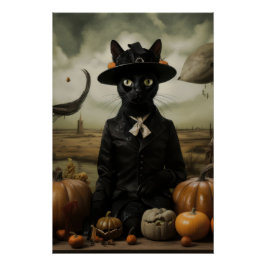 Witch Cat with Pumpkins Perfect Poster