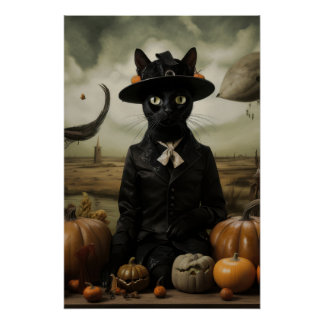 Witch Cat with Pumpkins Perfect Poster