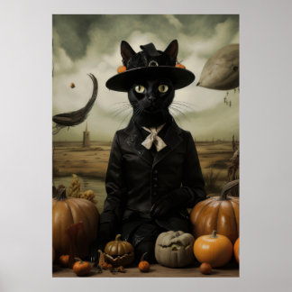 Witch Cat with Pumpkins Poster