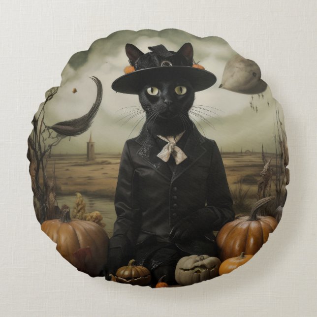 Witch Cat with Pumpkins  Rond Kussen (Voorkant)