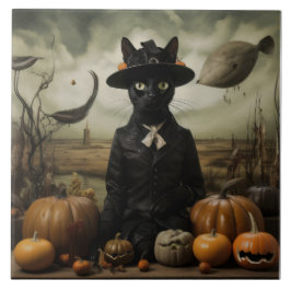 Witch Cat with Pumpkins Tegeltje