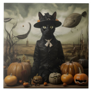 Witch Cat with Pumpkins Tegeltje