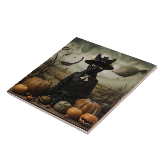 Witch Cat with Pumpkins  Tegeltje (Zijkant)
