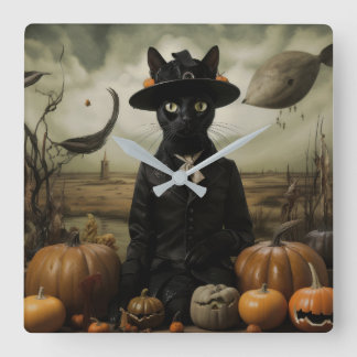 Witch Cat with Pumpkins Vierkante Klok
