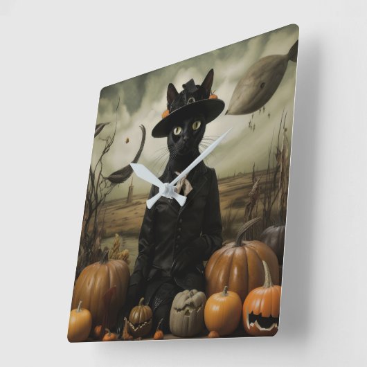Witch Cat with Pumpkins  Vierkante Klok (Hoek)