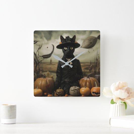 Witch Cat with Pumpkins  Vierkante Klok (Huis)