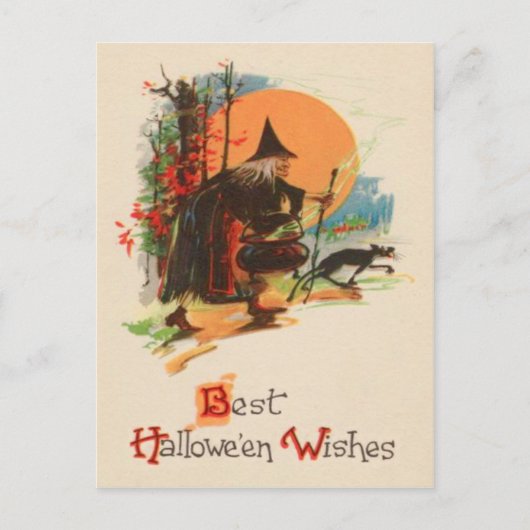 Witch Cauldron Black Cat Full Moon Briefkaart (Voorkant)