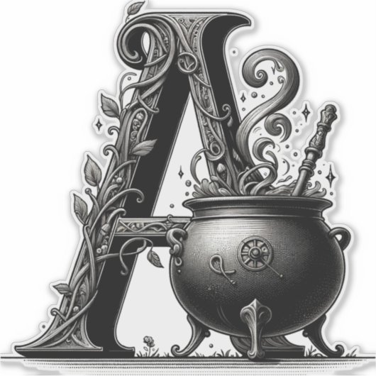 Witch Cauldron Witchy Letter Een Aangepast Initiaa Sticker (Voorkant)