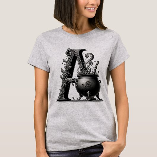 Witch Cauldron Witchy Letter Een Aangepast Initiaa T-shirt (Voorkant)