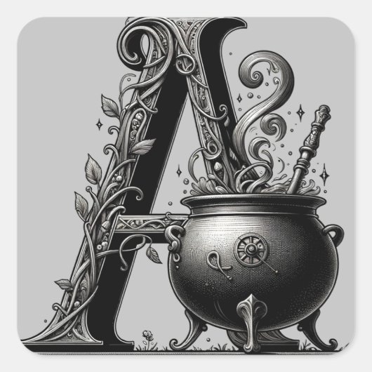 Witch Cauldron Witchy Letter Een Aangepast Initiaa Vierkante Sticker (Voorkant)