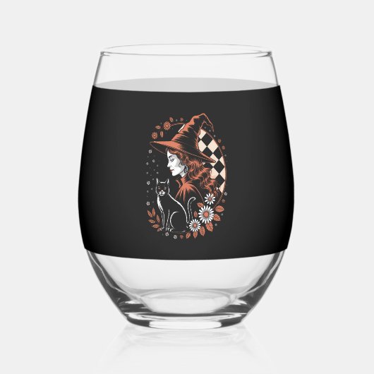Witch Checkered Halloween Wijnglas Zonder Voet (Voorkant)