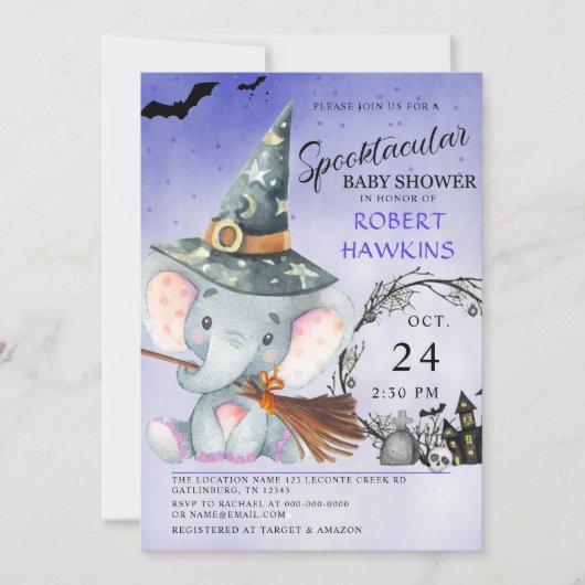 Witch Elephant Halloween Baby shower Uitnodiging (Voorkant)