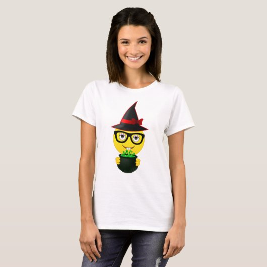 Witch Emoji Holding Cauldron Funny Halloween Shirt (Voorkant volledig)