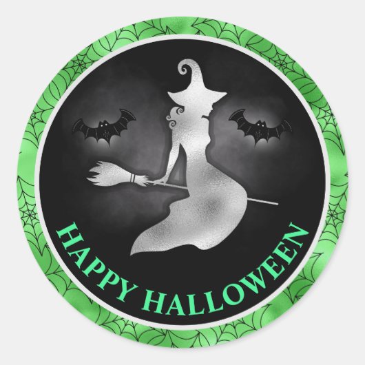 Witch en Bats Green & Black Happy Halloween Ronde Sticker (Voorkant)