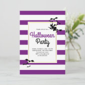 Witch en bats strepen paarse Halloween party Kaart (Staand voorkant)