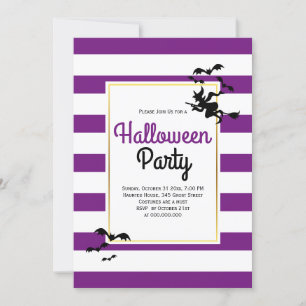 Witch en bats strepen paarse Halloween party Kaart