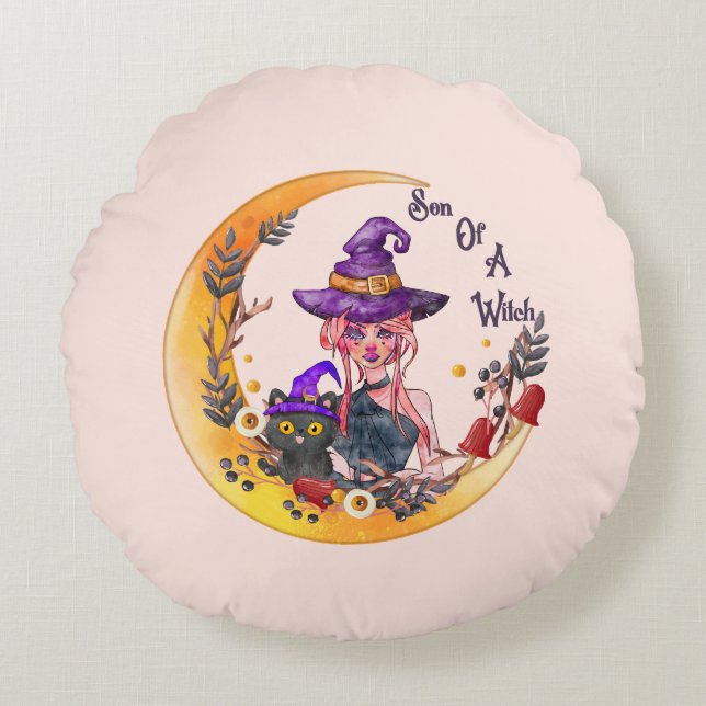 Witch en Black Cat Rond Kussen (Voorkant)