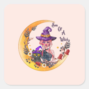 Witch en Black Cat Vierkante Sticker
