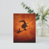 Witch en Cat Silhouette vliegen op Broomstick Briefkaart (Staand voorkant)