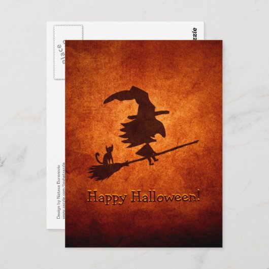 Witch en Cat Silhouette vliegen op Broomstick Briefkaart (Voorkant / Achterkant)