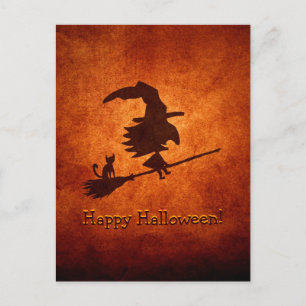 Witch en Cat Silhouette vliegen op Broomstick Briefkaart