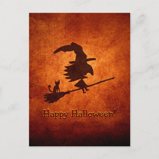 Witch en Cat Silhouette vliegen op Broomstick Briefkaart (Voorkant)