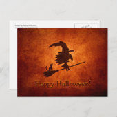 Witch en Cat Silhouette vliegen op Broomstick Briefkaart (Voorkant / Achterkant)