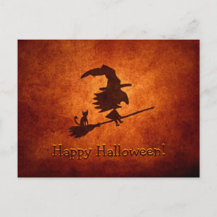 Witch en Cat Silhouette vliegen op Broomstick Briefkaart