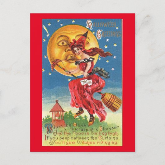 Witch en haar Broomstick Halloween Vintage Briefkaart (Voorkant)