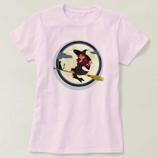 WITCH EN HAAR ZWARTE KAT IN BROOMSTICK T-SHIRT (Design voorkant)