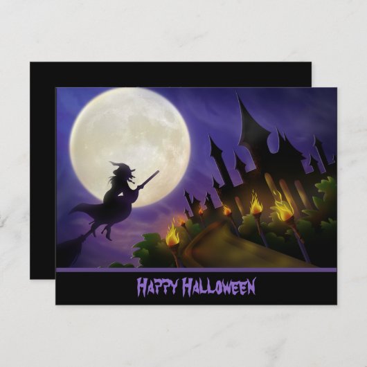 Witch en Haunted House Halloween Uitnodiging (Voorkant / Achterkant)