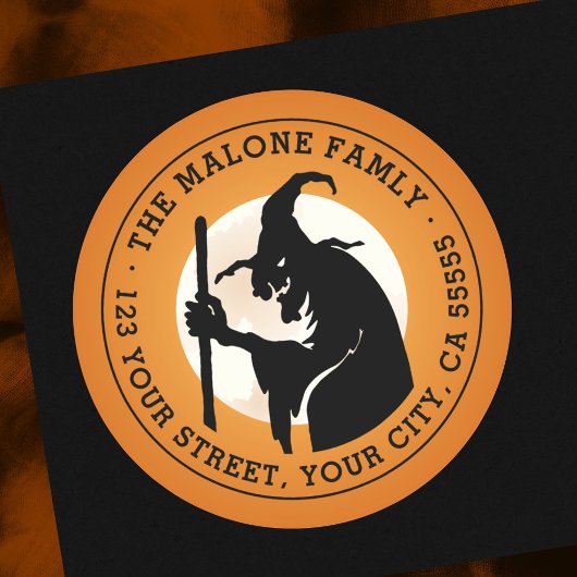 Witch en moon Halloween oranje terugkeeradres Ronde Sticker