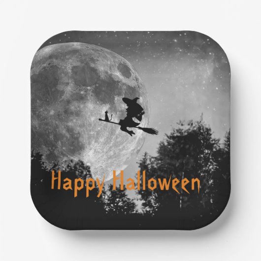 Witch en Moon Halloween  Papieren Bordje (Voorkant)
