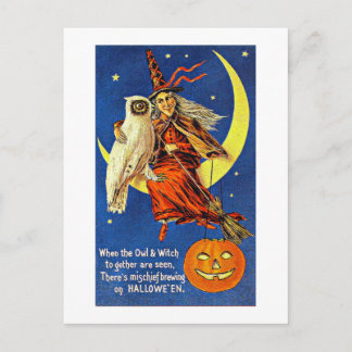 Witch en Owl op de Moon Halloween Briefkaart