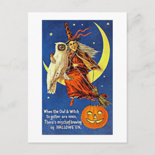 Witch en Owl op de Moon  Halloween Briefkaart (Voorkant)