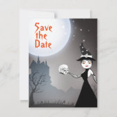 Witch en Skull Couple Full Moon Halloween Wedding Save The Date (Voorkant)