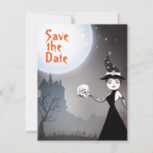 Witch en Skull Couple Full Moon Halloween Wedding Save The Date