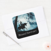 Witch en Unicorn met Blessed Samhain Vierkante Sticker (Envelop)
