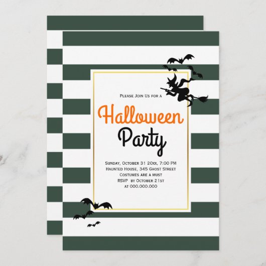 Witch en vleermuizen, grijze partij Halloween Kaart (Voorkant / Achterkant)