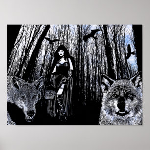 Witch en werewolven in de bossilhouette-kunst poster